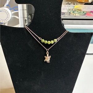 Green Bead Charm and Turtle Pendant Necklace 💚